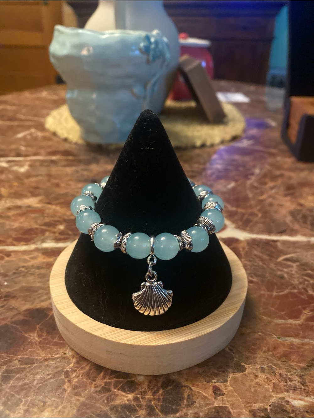 Sea Glass Blue Beaded Charm Bracelet with Silver Seashell Pendant